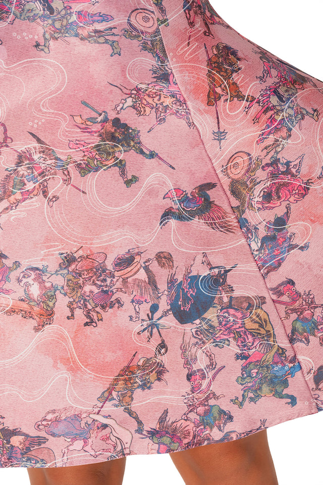 Japanese mythology inspired longline dress with fine shoulder straps, v neckline and vibrant demon print across a fit and flare silhouette