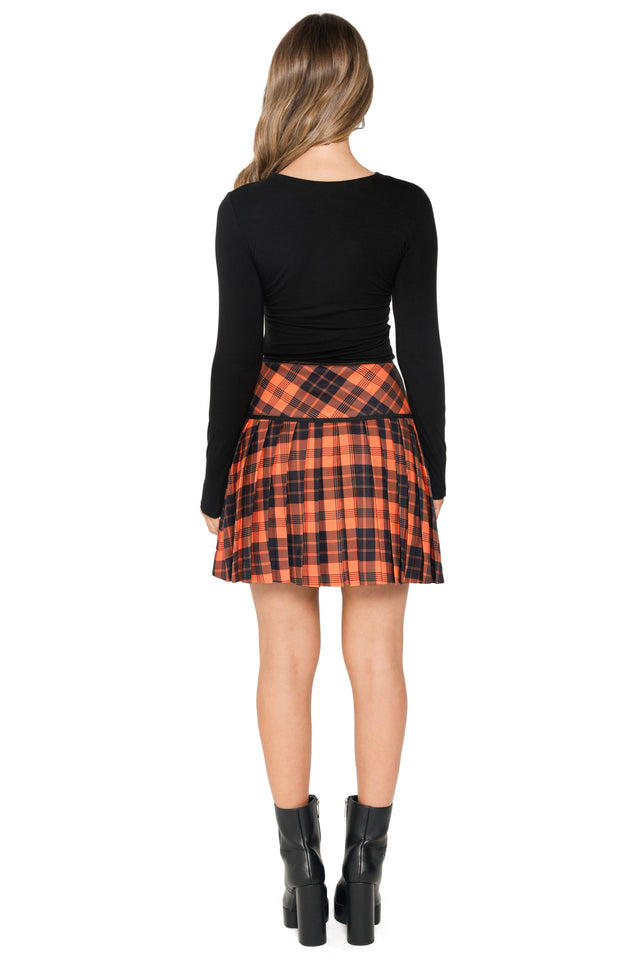 Orange Trick-or-Tartan Woven Pleated Skirt