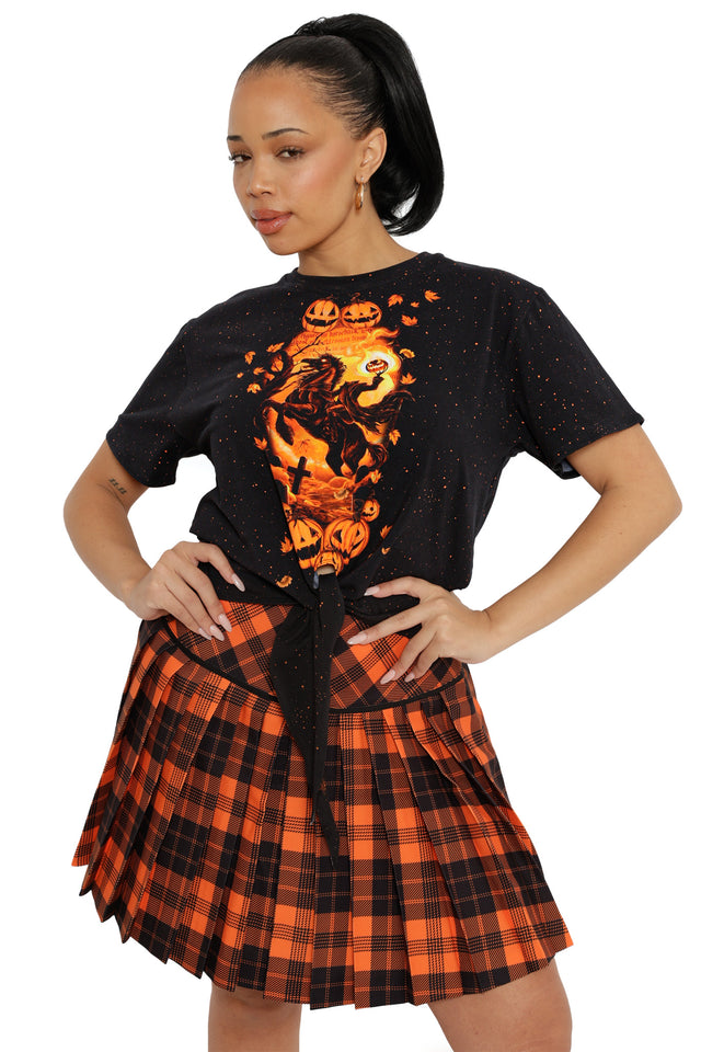 Orange Trick-or-Tartan Woven Pleated Skirt