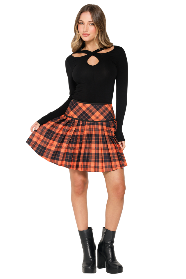 Orange Trick-or-Tartan Woven Pleated Skirt