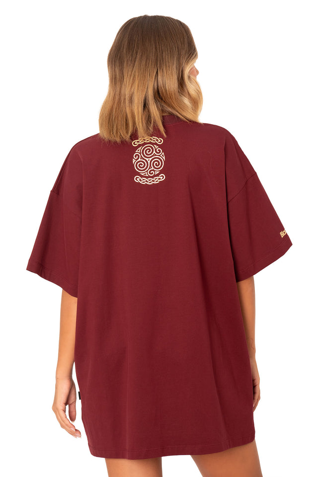 Unisex oversized giant tee featuring ouroboros symbol, dragon artwork and loose short sleeve silhouette in burgundy cotton
