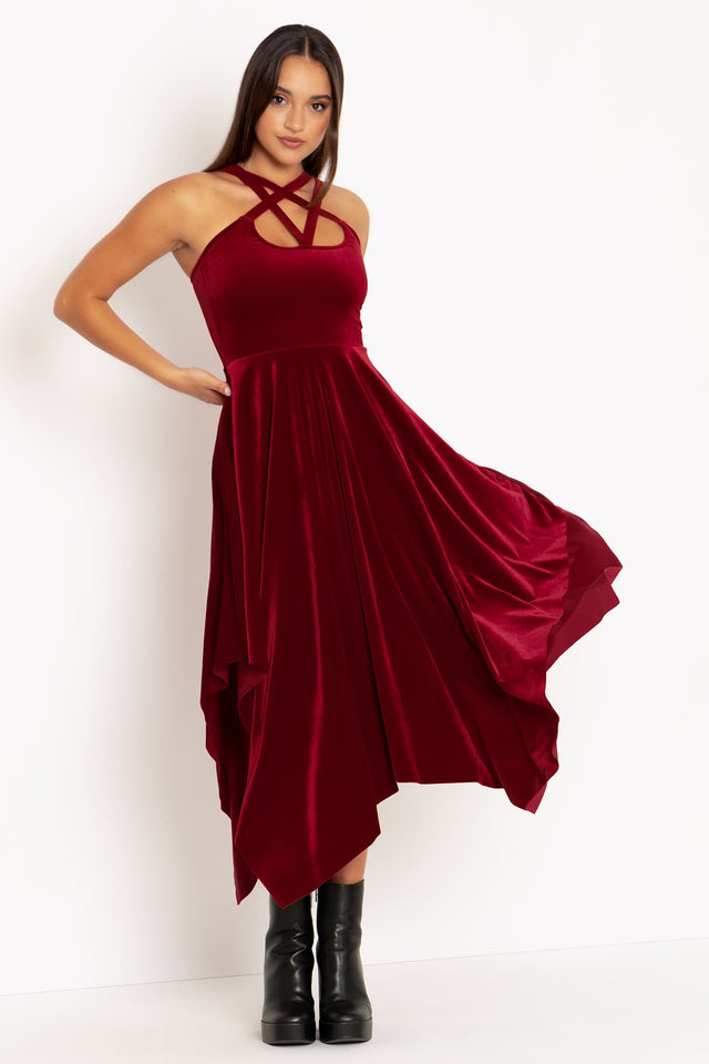 blood red velvet dress HAPPY CLOTHING OFF-SHOULDER VELVET PETAL NECKLINE A LINE MAXI DRESS IN RED