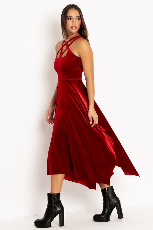 red handkerchief dress Dark red Roaring 20s satin dress with handkerchief skirt