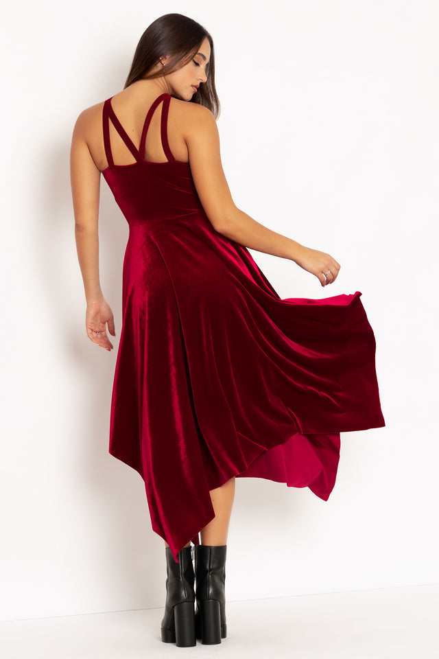 blood red cocktail dress red cocktail dress with sleeves Crimson Cherry Midi Dress Teuta Matoshi