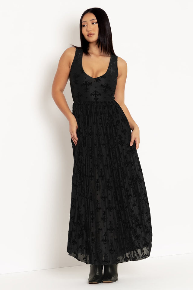 Burned Velvet Coffin Lining V Neck Gathered Maxi Dress