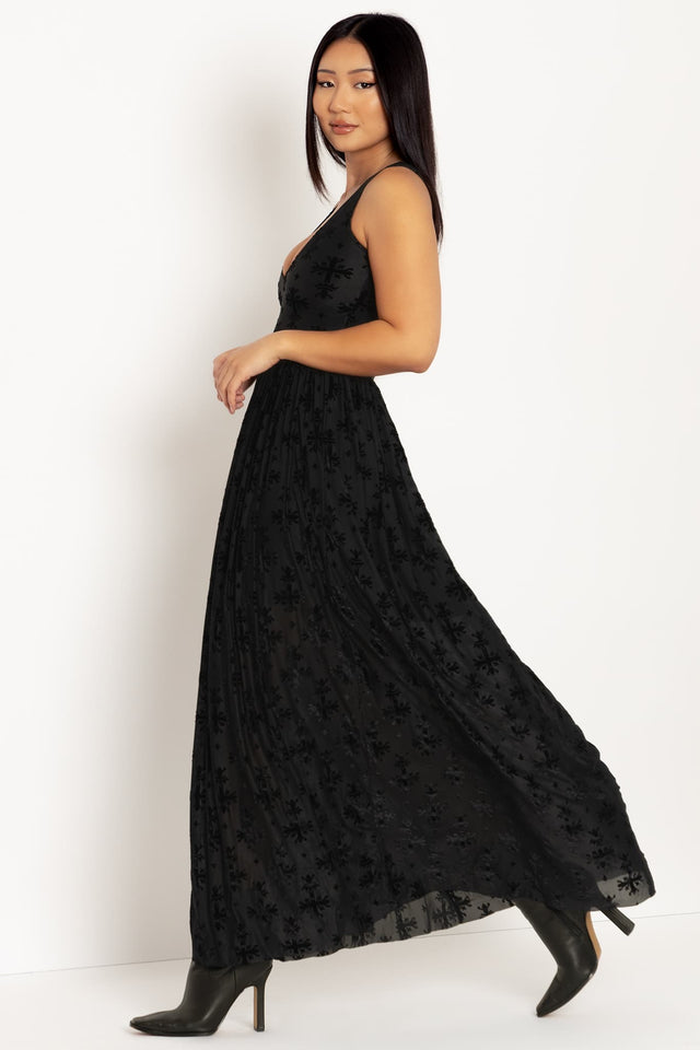 Burned Velvet Coffin Lining V Neck Gathered Maxi Dress