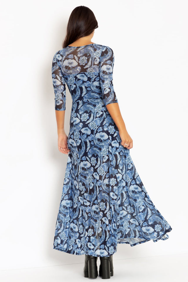 Koi Pond Blue 3/4 Sleeve Split Maxi Dress