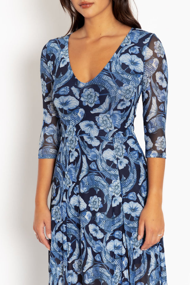 Koi Pond Blue 3/4 Sleeve Split Maxi Dress