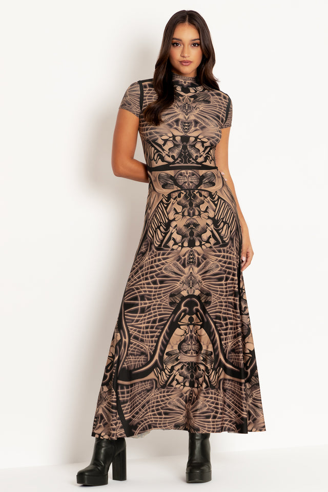 Insect Goddess High Neck Cap Sleeve Maxi Dress