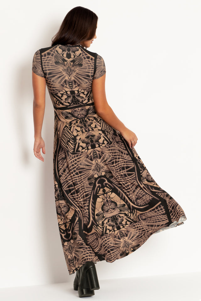 Insect Goddess High Neck Cap Sleeve Maxi Dress