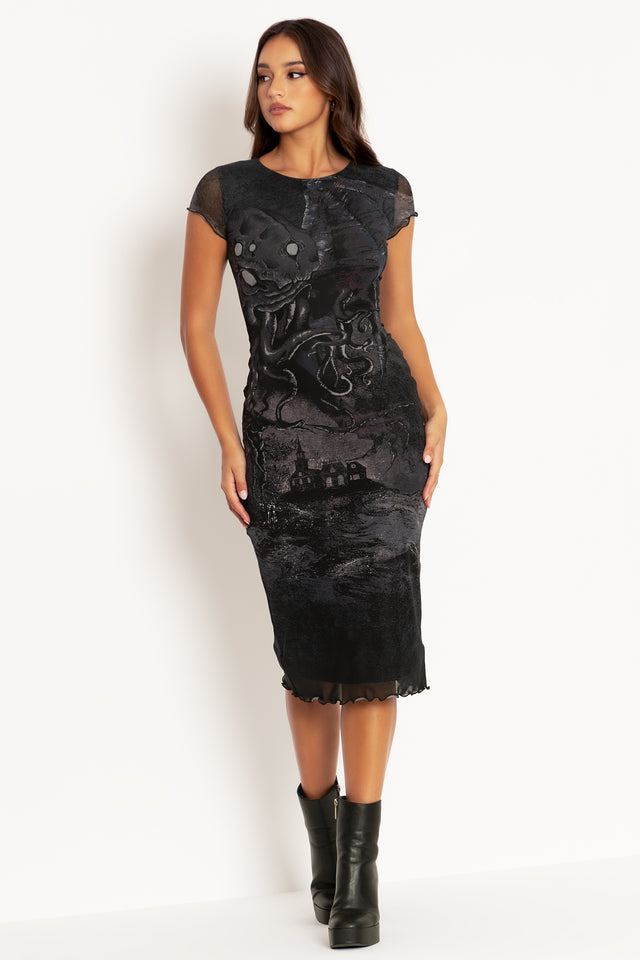 Great Old Ones Sheer Cap Sleeve Bodycon Dress