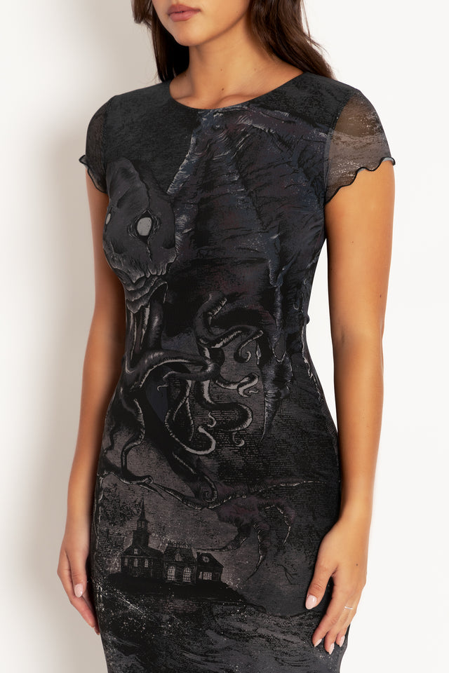 Great Old Ones Sheer Cap Sleeve Bodycon Dress