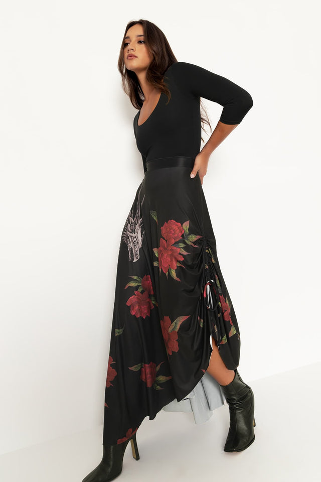 Skeletal Dragon Strung Side Maxi Skirt