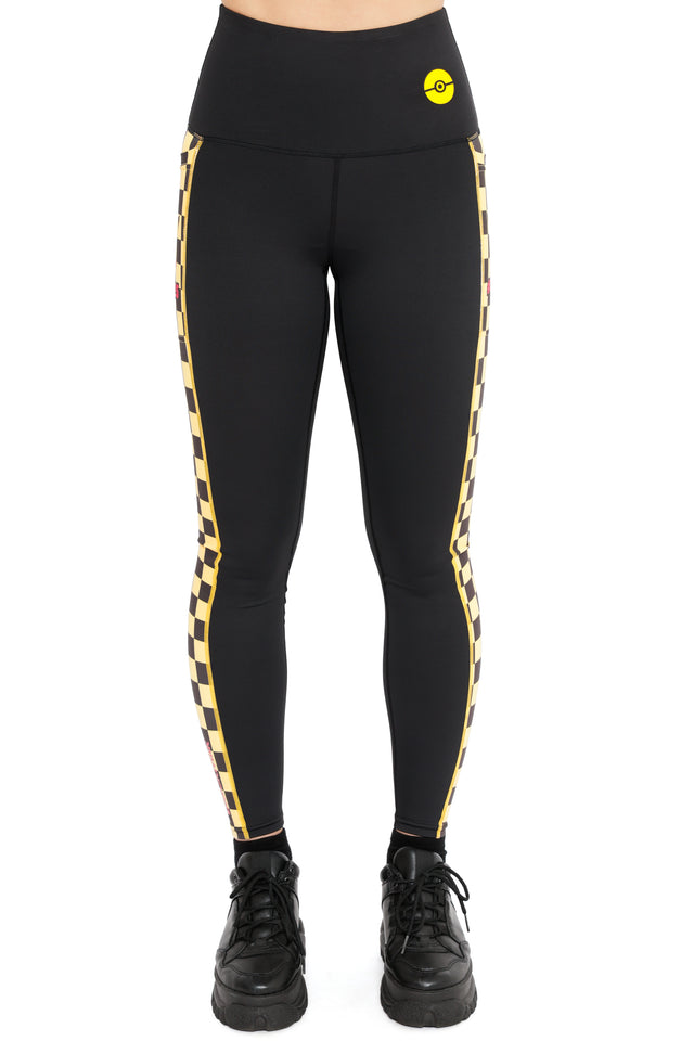 High waisted Pokémon ninja pants featuring Pikachu icon, black fitted leggings with yellow pixel checkerboard detail