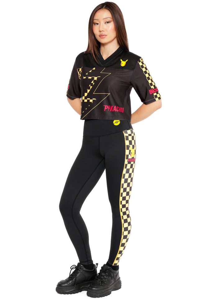 Pikachu Nostalgia High Waisted Ninja Pants by BlackMilk, black Pokémon leggings with yellow checkerboard side panel and Pikachu graphic