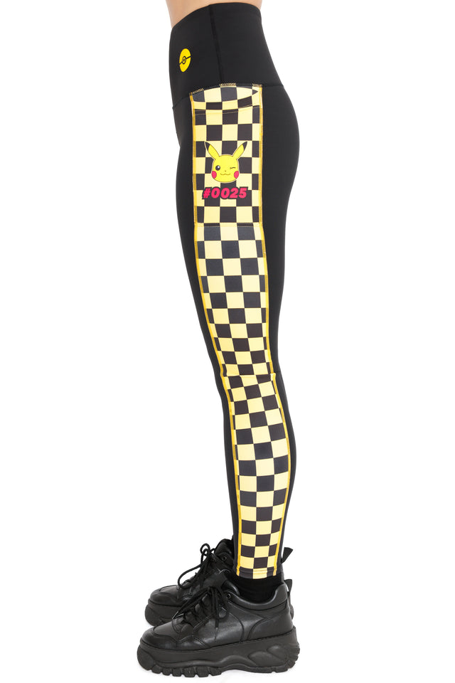 BlackMilk Pikachu Nostalgia Ninja Pants with high waisted fit, black leggings with yellow checkerboard stripe and Pikachu motif