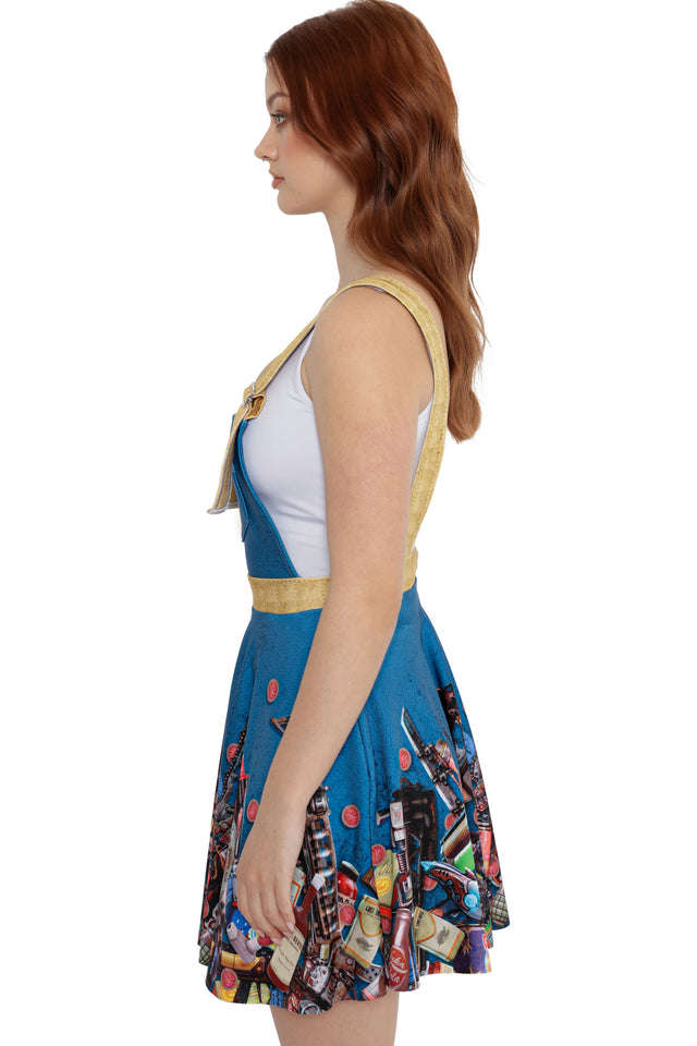 Fallout x BlackMilk Pack Rat Apron Dress inspired by Vault-Tec scavengers, featuring utility-style straps and detailed Fallout item artwork.