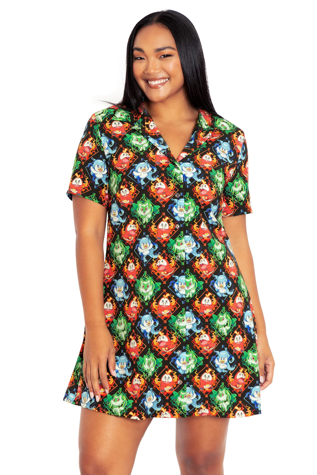 BlackMilk Clothing x Pokemon - Paldea First Partner Pokemon Short Sleeve Button Up Dress - Pokémon Merchandise - Collaboration apparel - Licenced.