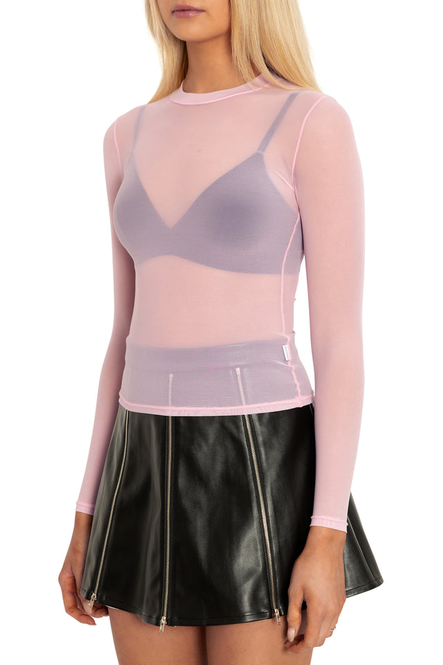 BlackMilk Clothing - Pastel Pink Sheer High Neck Long Sleeve Top