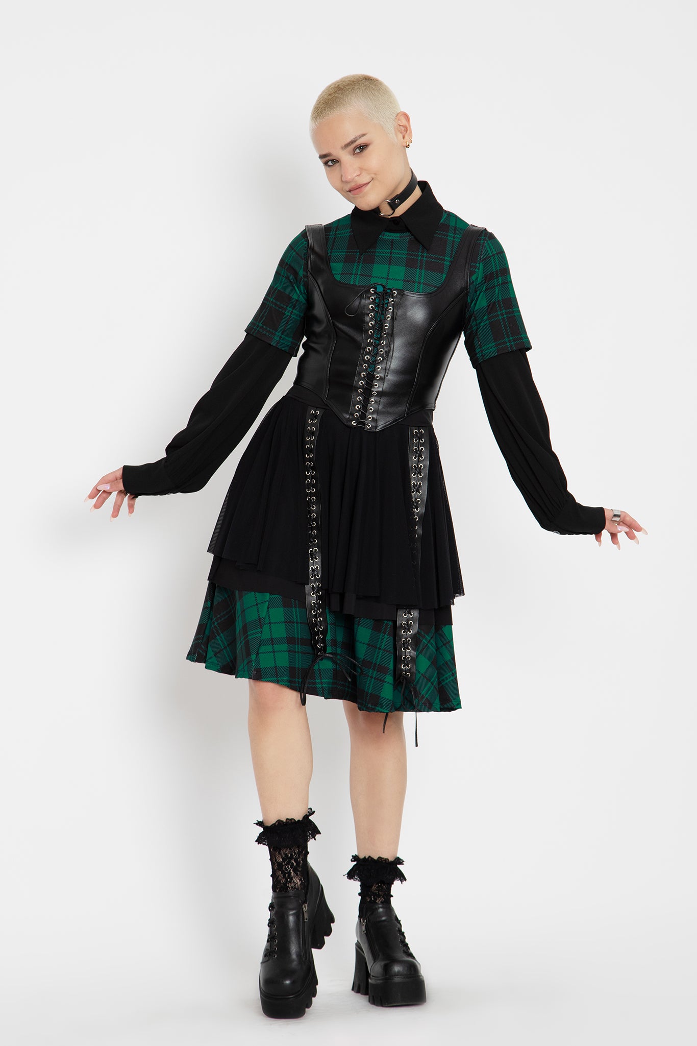Mar Tribe Tartan Women's Lapel Shirt Dress With Long Sleeve