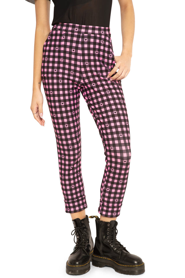 Pink Gingham Hearts Cuffed Pants closeup