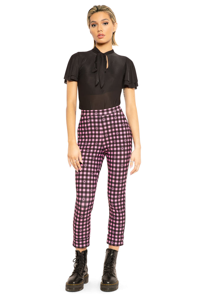 Pink Gingham Hearts Cuffed Pants front