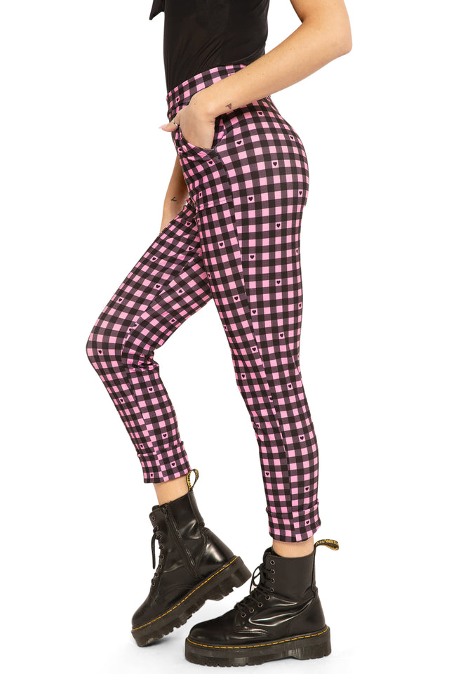 Pink Gingham Hearts Cuffed Pants side