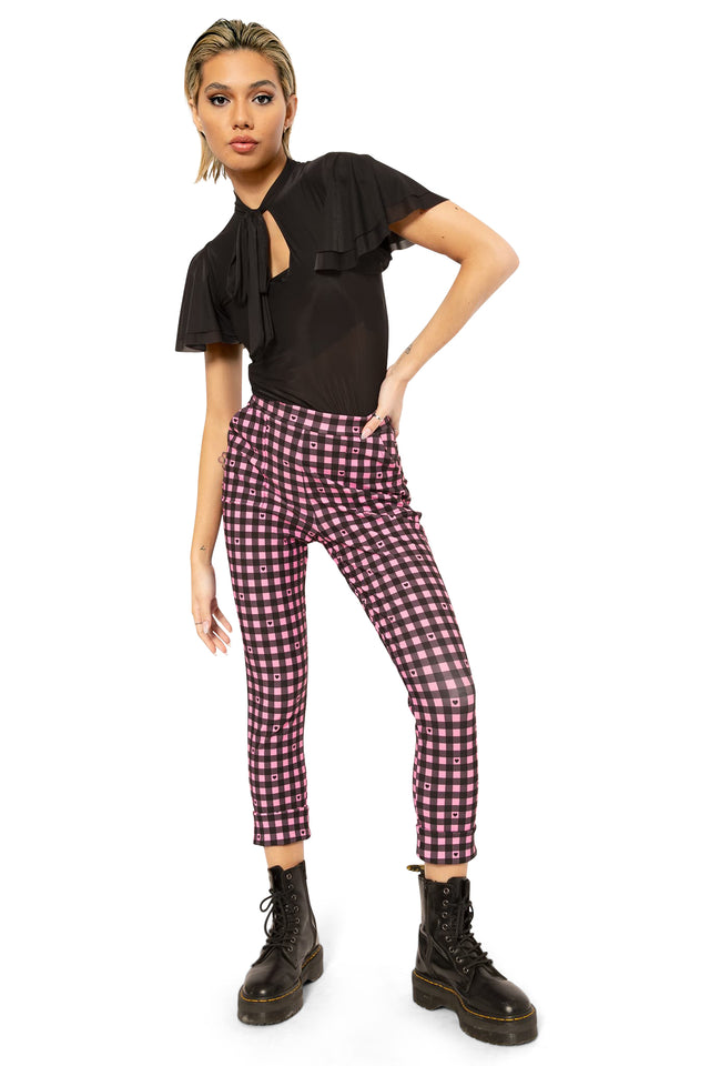 Pink Gingham Hearts Cuffed Pants wide