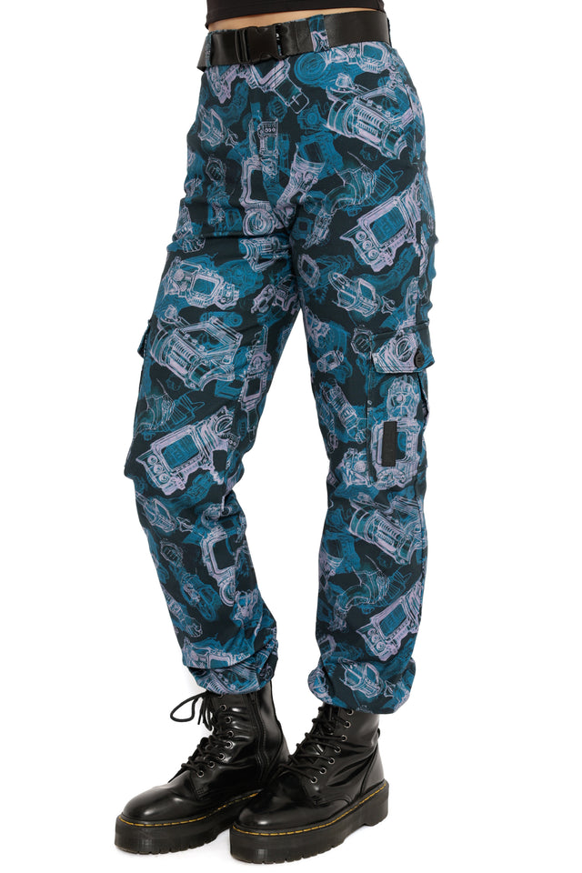Model styled in Fallout x BlackMilk Pip-Boy Schematics Pants showcasing Fallout blueprint pattern and relaxed fit.