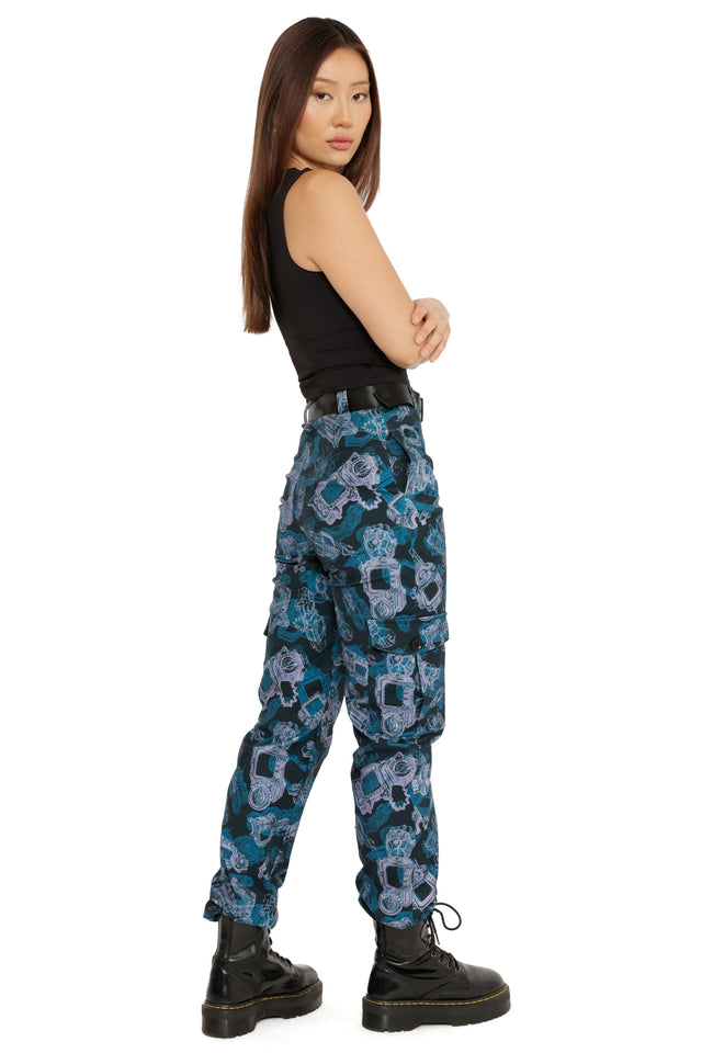 Fallout x BlackMilk blue cargo pants with detailed Pip-Boy schematic design and utility-style pockets.