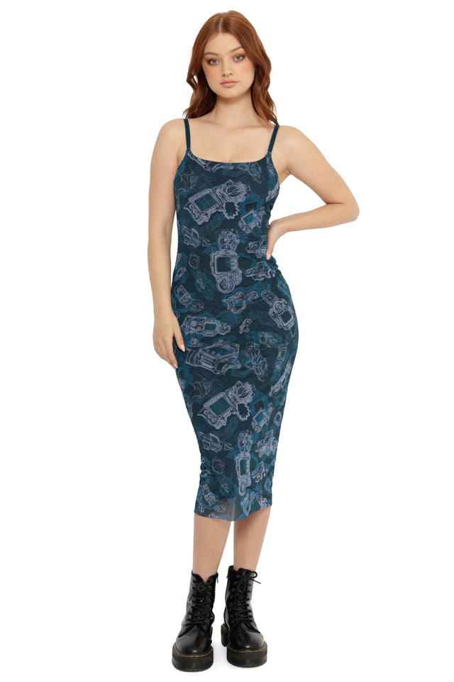 Fallout x BlackMilk Pip-Boy Schematics Sheer Bodycon Dress featuring blueprint-style Pip-Boy print on navy mesh.