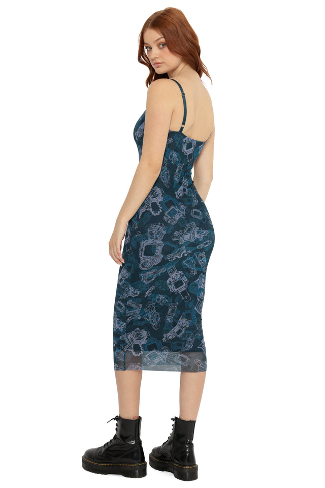 Fallout x BlackMilk bodycon midi with schematic print inspired by Fallout engineering designs.