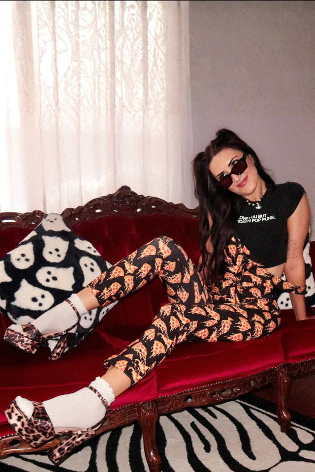 BlackMilk Take a Pizza My Heart overalls designed with stretchy matte fabric for comfort, movement and everyday wear