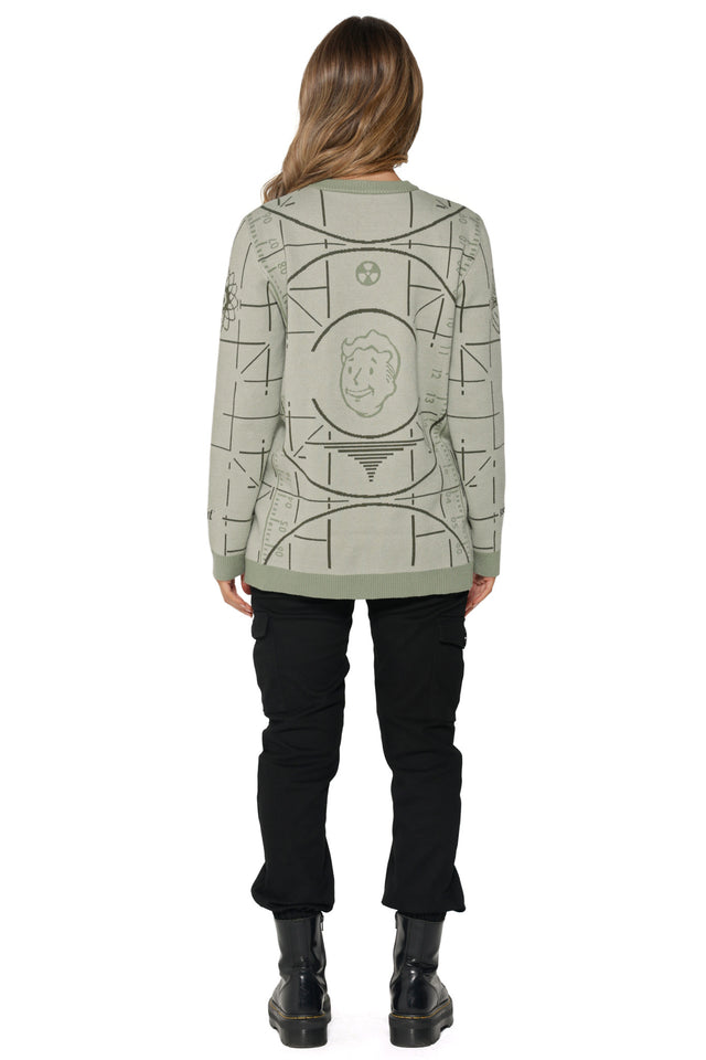 Fallout x BlackMilk oversized jumper with “Please Stand By” graphic and Pip-Boy-inspired dials.