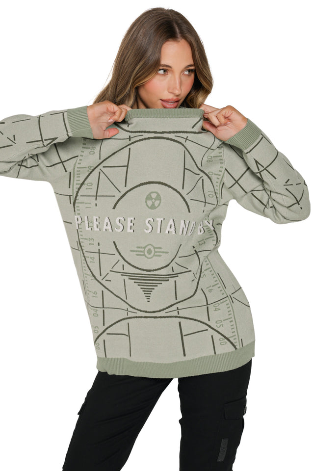 Fallout x BlackMilk knitted sweater in sage green with Vault-Tec test screen design.