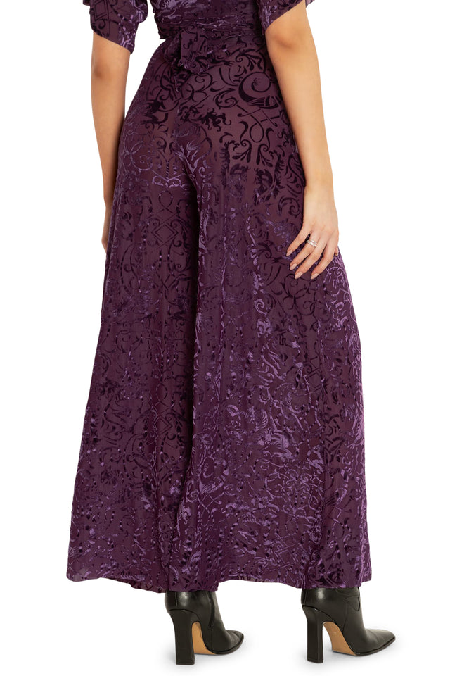 Plum Gothic Gates Burned Velvet Palazzo Pants Back