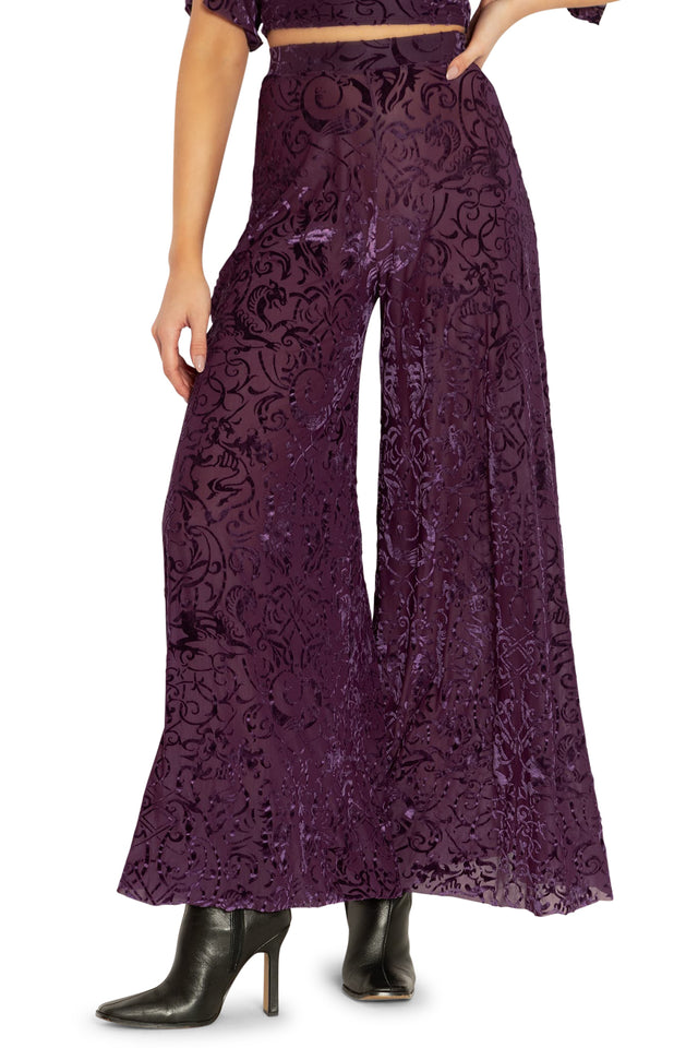 Plum Gothic Gates Burned Velvet Palazzo Pants Closeup