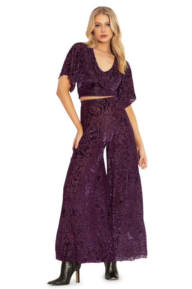 Plum Gothic Gates Burned Velvet Palazzo Pants Front