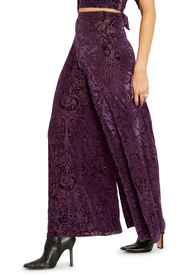 Plum Gothic Gates Burned Velvet Palazzo Pants Side