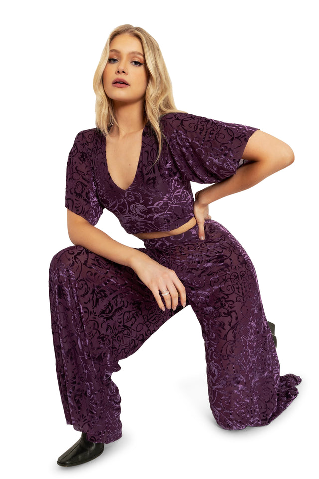 Plum Gothic Gates Burned Velvet Palazzo Pants Wide