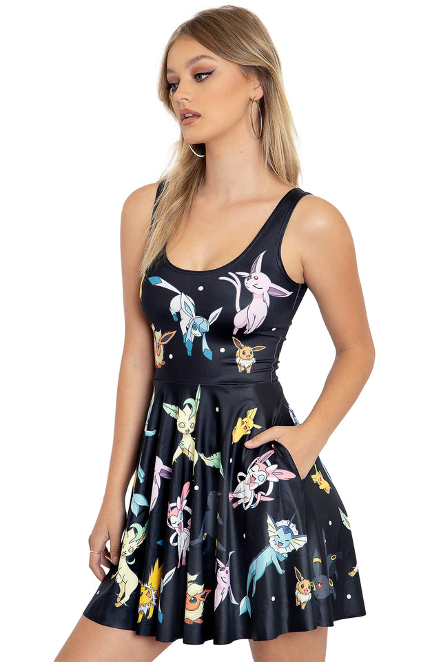 Pokemon Black Eevee Evolution Scoop Neck Skater Dress Side