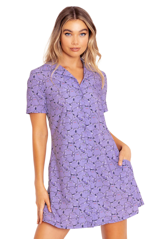 Pokemon Ditto Pile Short Sleeve Button Up Dress Wide