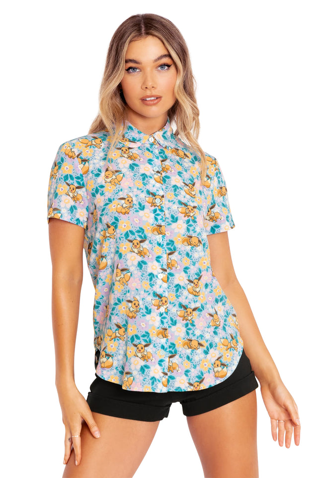 Pokemon Eevee Garden Button Up Shirt Closeup