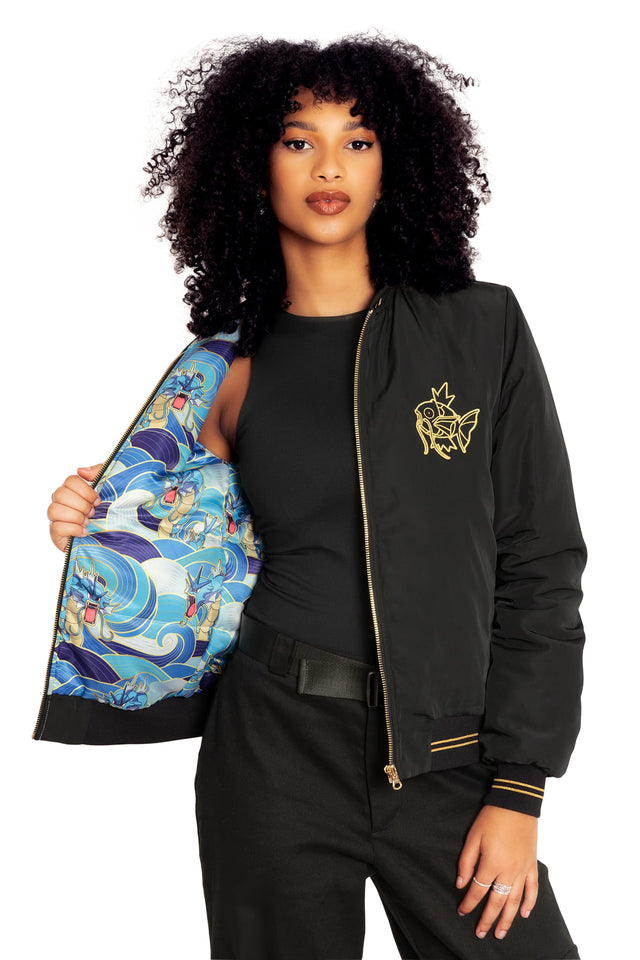 Pokemon Gyarados Gold Bomber Jacket Closeup 