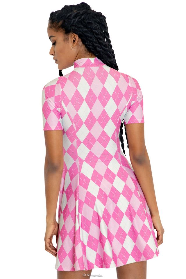 Pokemon Princess Peach Argyle Short Sleeve Mini Skater Dress Back