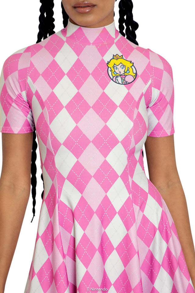 BlackMilk Clothing x Pokemon - Pokemon Princess Peach Argyle Short Sleeve Mini Skater Dress - Pokémon Merchandise - Collaboration apparel - Licenced.