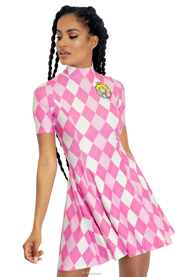 BlackMilk Clothing x Pokemon - Pokemon Princess Peach Argyle Short Sleeve Mini Skater Dress - Pokémon Merchandise - Collaboration apparel - Licenced.