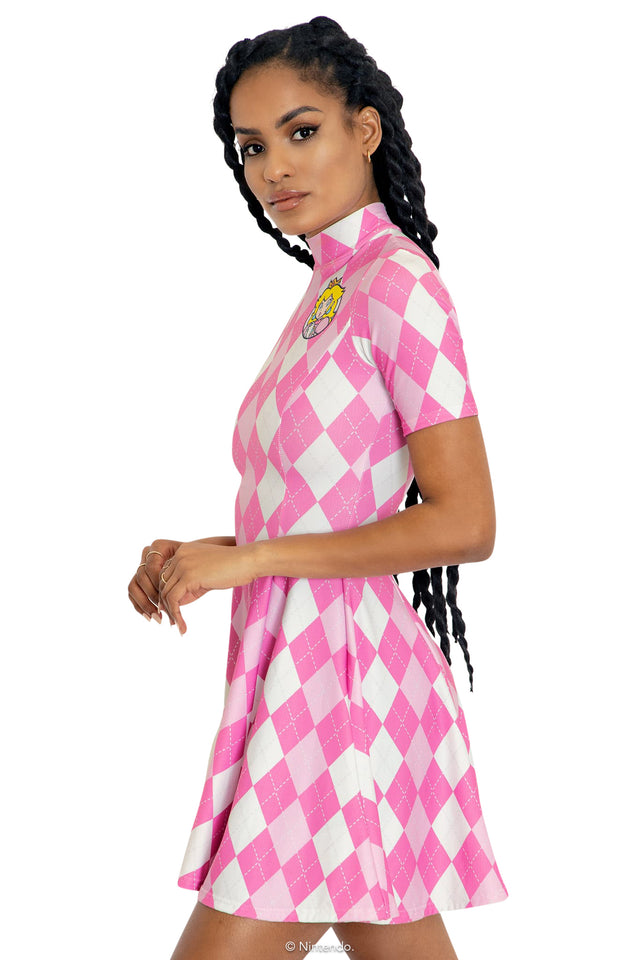 Pokemon Princess Peach Argyle Short Sleeve Mini Skater Dress Side