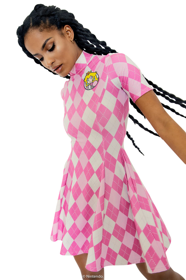 BlackMilk Clothing x Pokemon - Pokemon Princess Peach Argyle Short Sleeve Mini Skater Dress - Pokémon Merchandise - Collaboration apparel - Licenced.