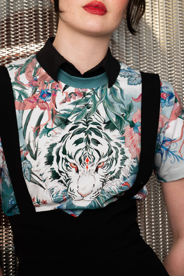 BlackMilk Pretty Fierce Baby Tee front studio image showing cropped fitted t shirt with white tiger graphic and floral design